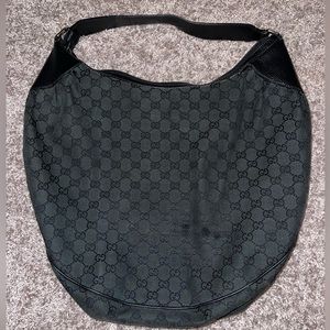 Gucci Green Black Monogram Canvas Leather round Zip top shoulder bag